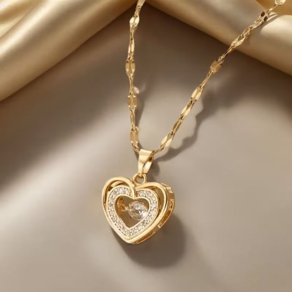 Gold Stainless Steel Spinning Pendant Necklace Heart Charm Crystal Gemstone New
